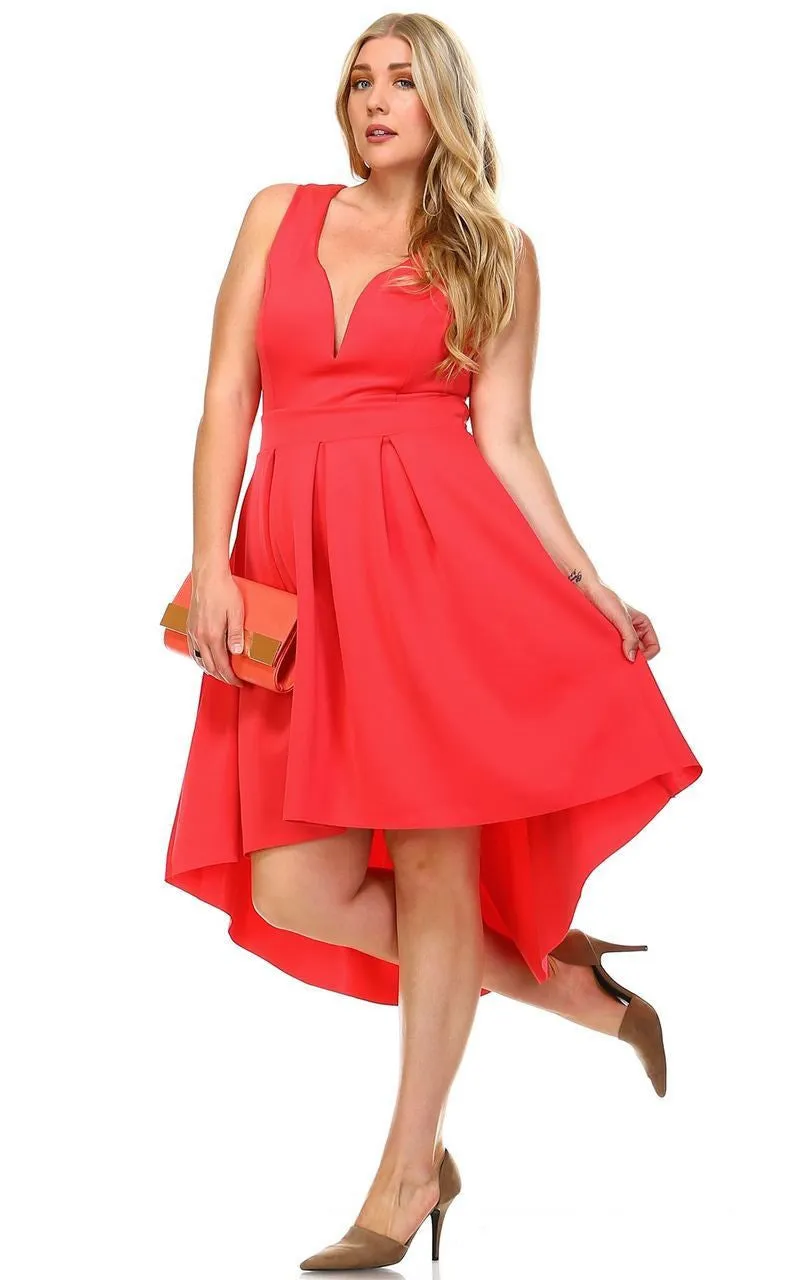 Plus Size Pleated Midi Cocktail Dress with Empire Waist Coral