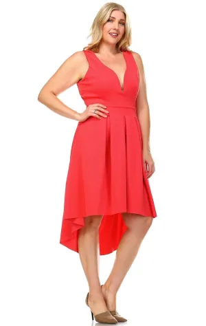Plus Size Pleated Midi Cocktail Dress with Empire Waist Coral