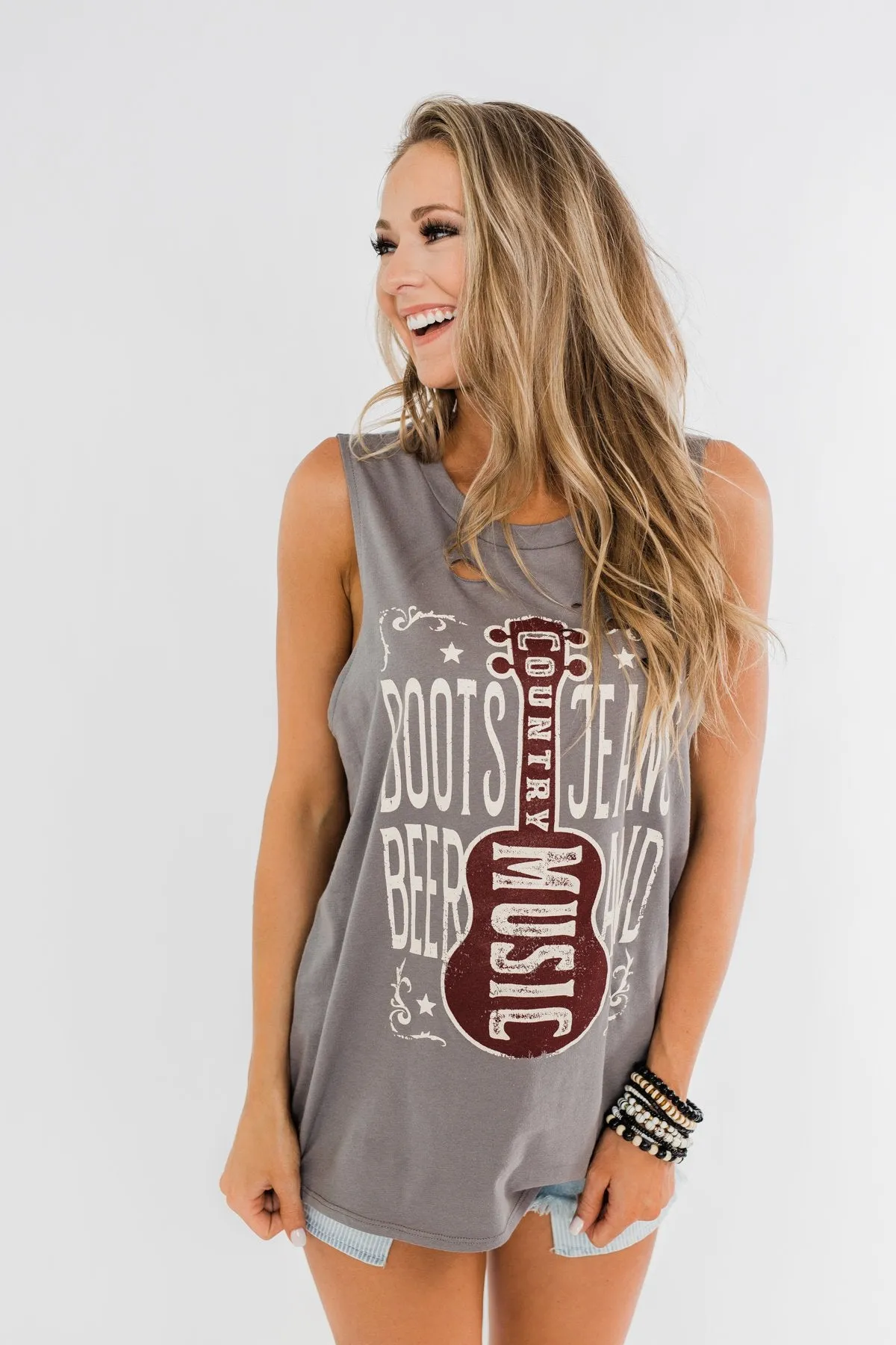 "Boots, Jeans, Beer, & Country Music" Graphic Tank Top- Charcoal