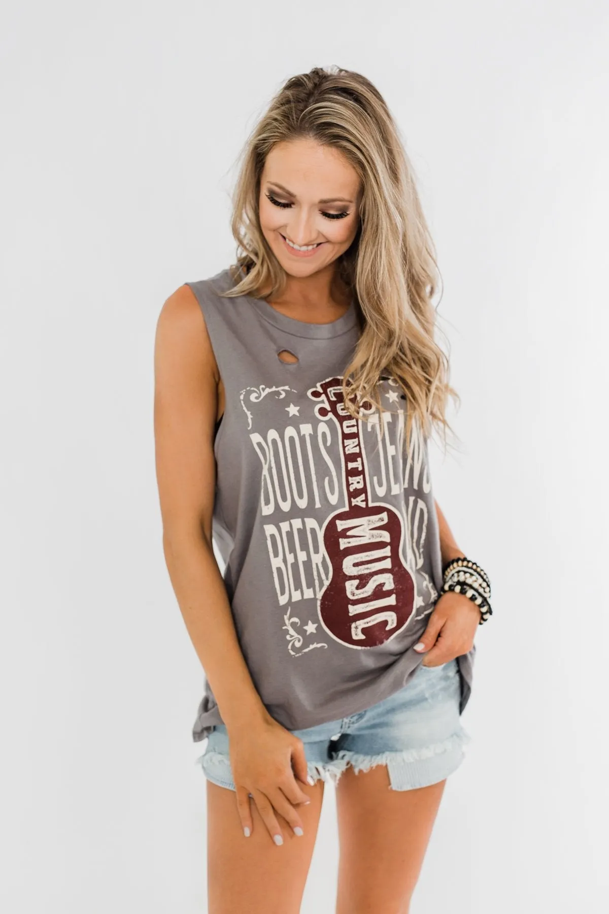 "Boots, Jeans, Beer, & Country Music" Graphic Tank Top- Charcoal