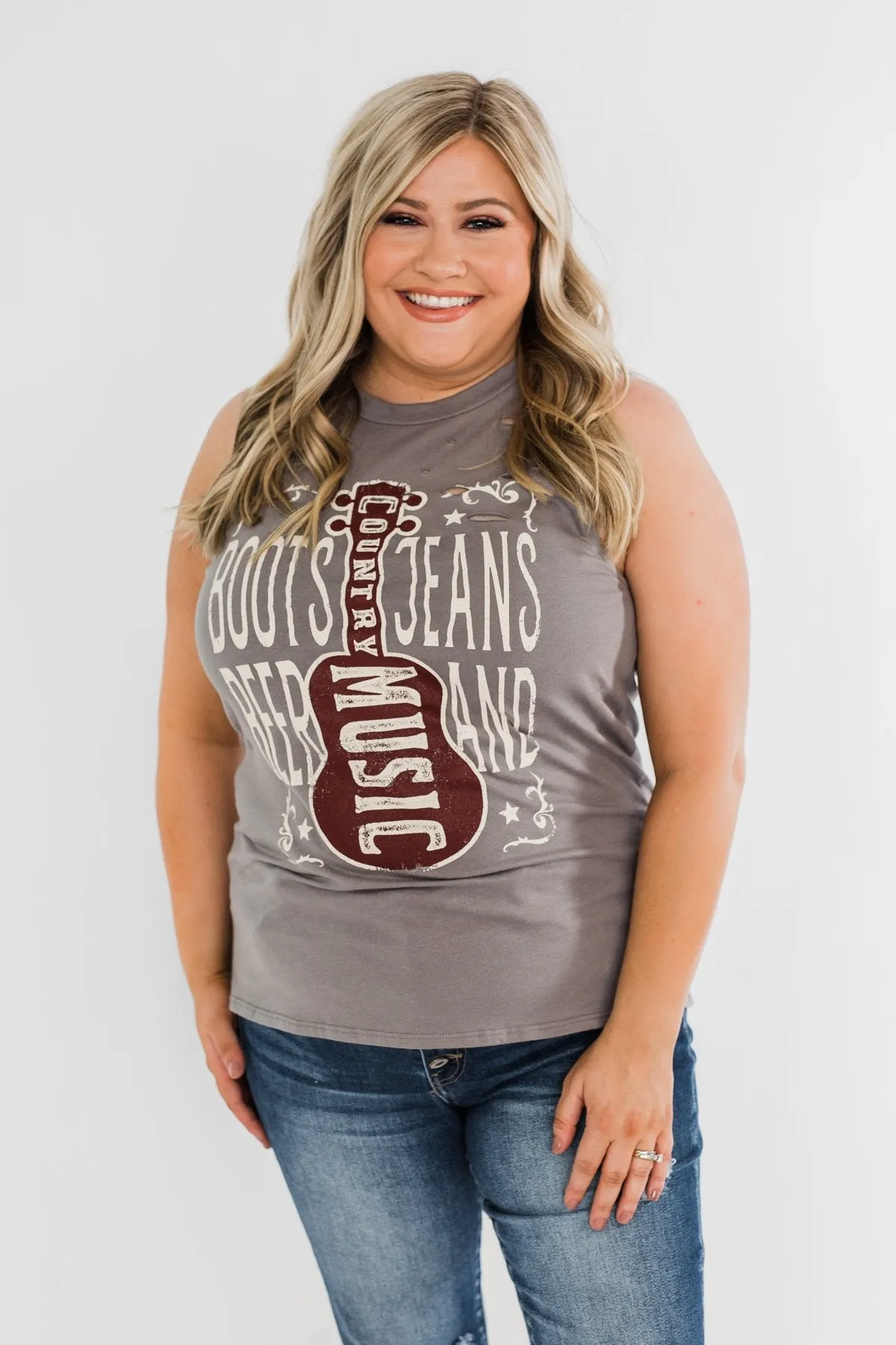 "Boots, Jeans, Beer, & Country Music" Graphic Tank Top- Charcoal