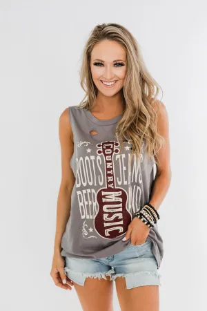 "Boots, Jeans, Beer, & Country Music" Graphic Tank Top- Charcoal