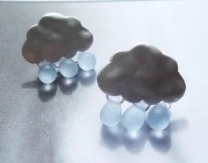 Rain Cloud Earrings, matte silver cloud, blue raindrops, rain drops keep falling on my head, 925 sterling silver posts, small storm earrings