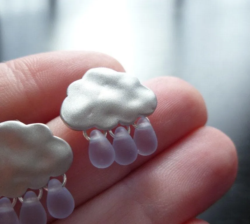 Rain Cloud Earrings, matte silver cloud, blue raindrops, rain drops keep falling on my head, 925 sterling silver posts, small storm earrings