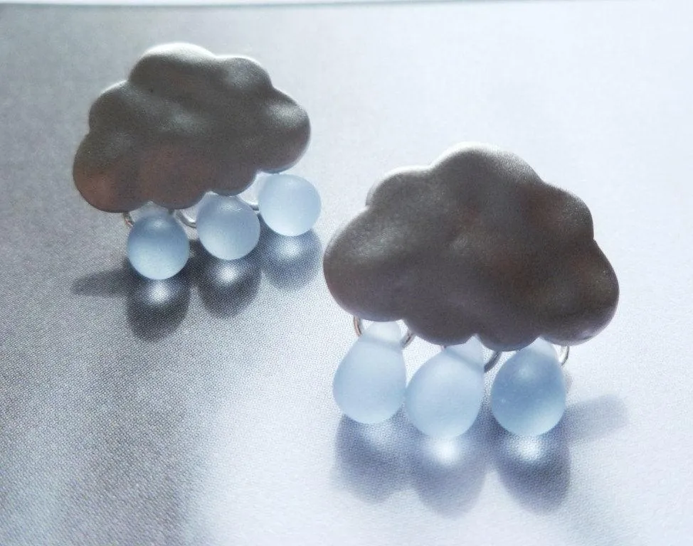 Rain Cloud Earrings, matte silver cloud, blue raindrops, rain drops keep falling on my head, 925 sterling silver posts, small storm earrings