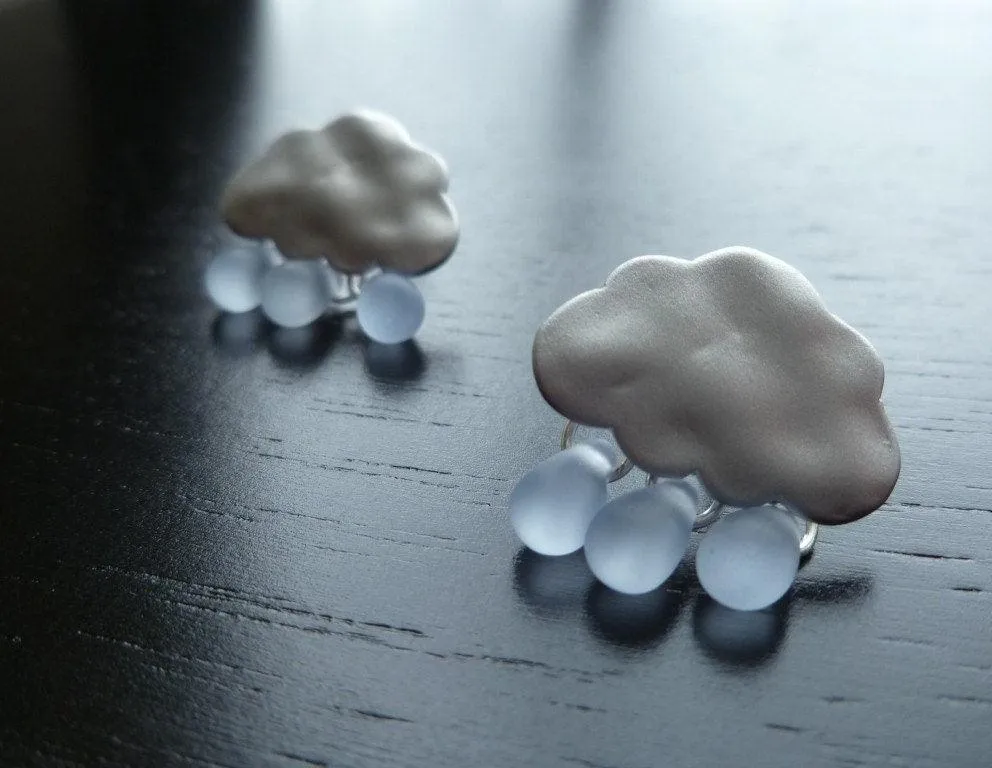 Rain Cloud Earrings, matte silver cloud, blue raindrops, rain drops keep falling on my head, 925 sterling silver posts, small storm earrings