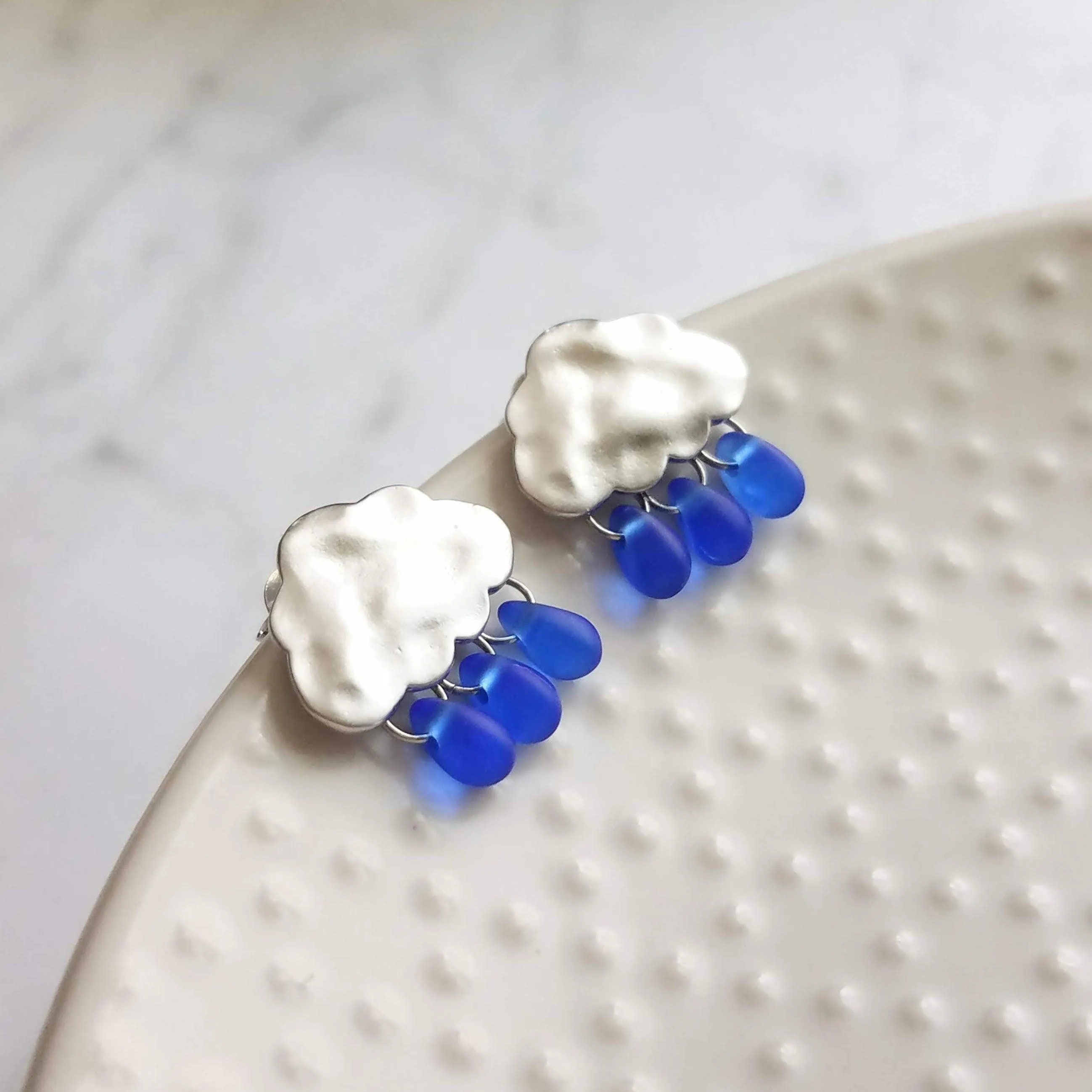 Rain Cloud Earrings - silver cloud earring, blue raindrop, sterling silver post, raindrop earring, storm earring, tiny cobalt blue raindrop