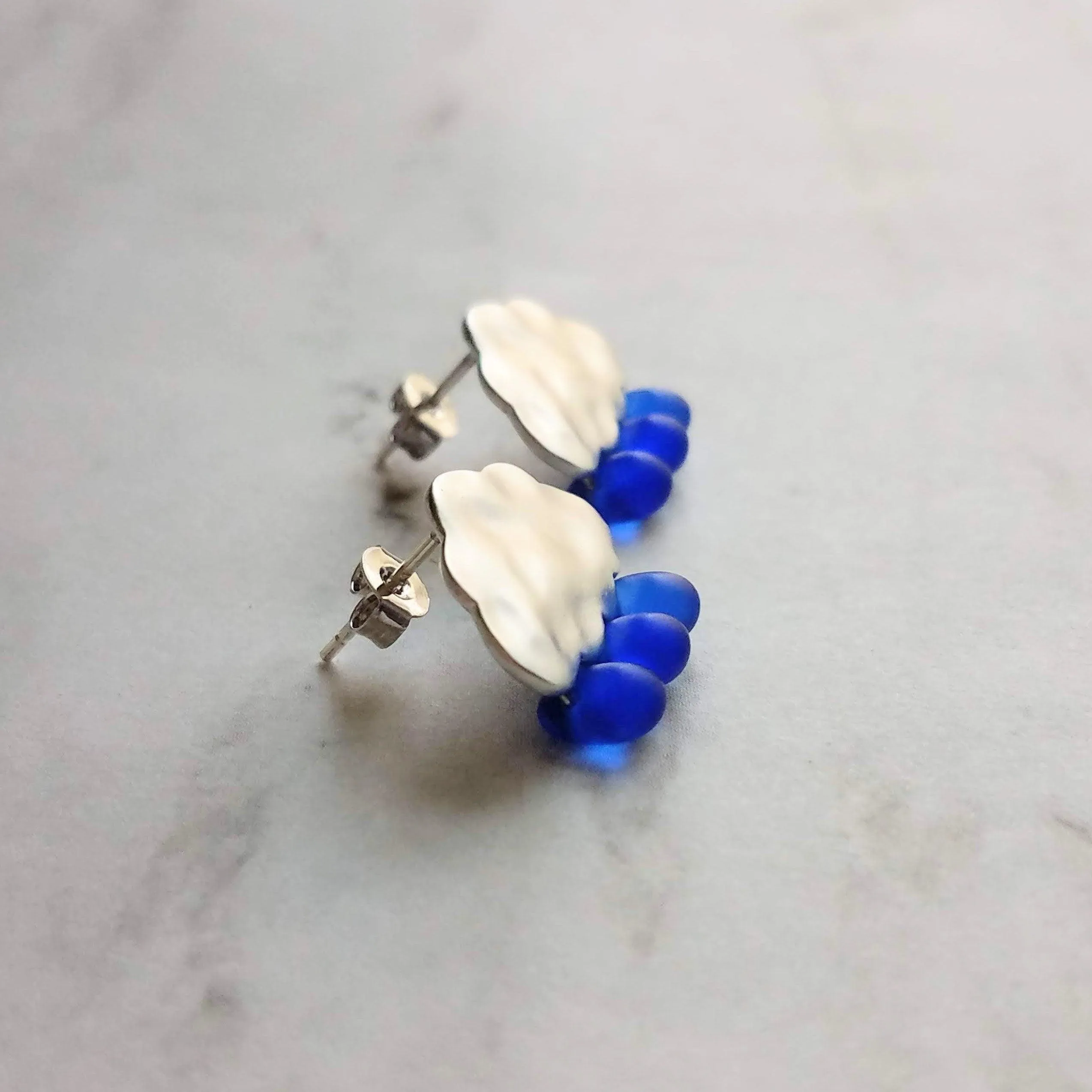 Rain Cloud Earrings - silver cloud earring, blue raindrop, sterling silver post, raindrop earring, storm earring, tiny cobalt blue raindrop