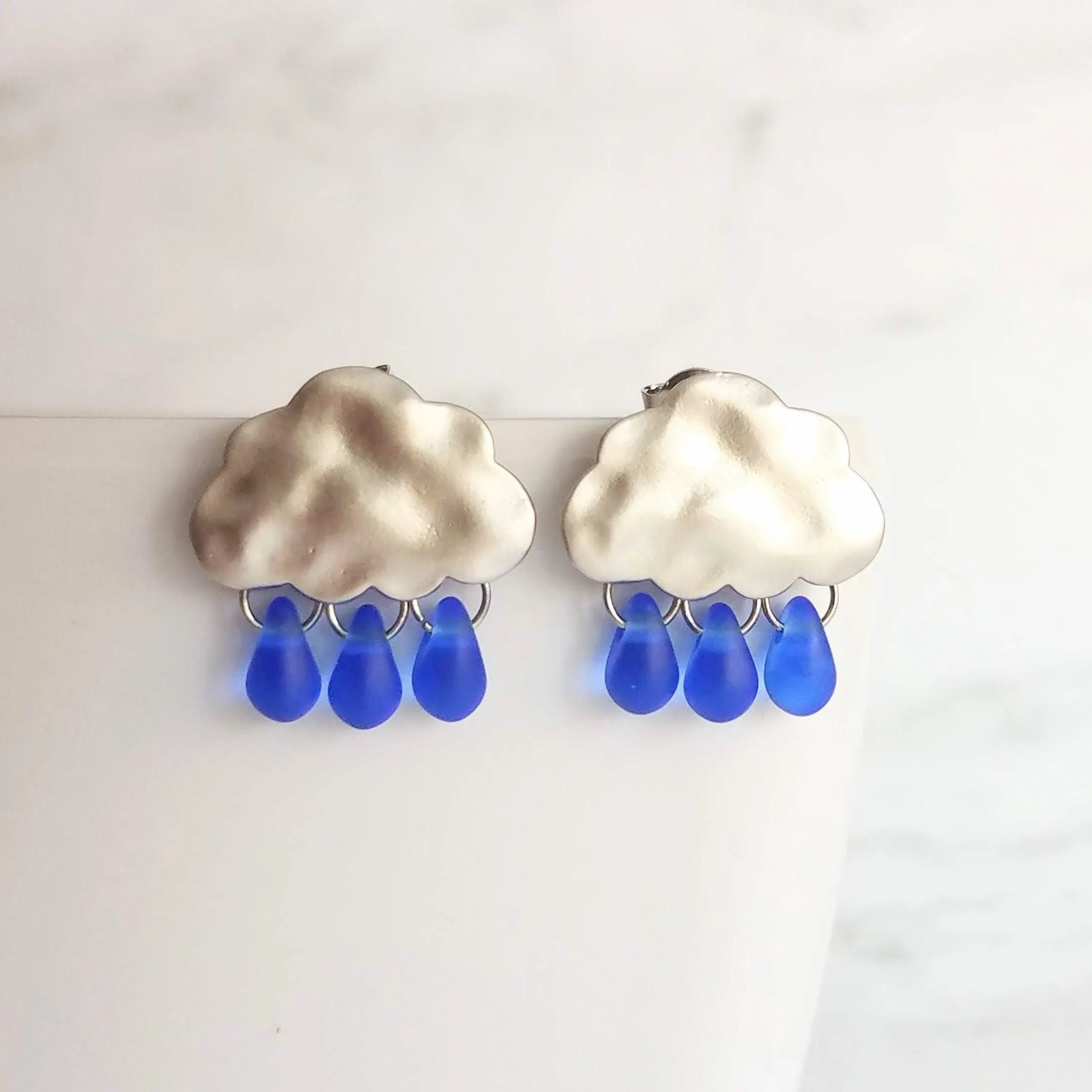 Rain Cloud Earrings - silver cloud earring, blue raindrop, sterling silver post, raindrop earring, storm earring, tiny cobalt blue raindrop