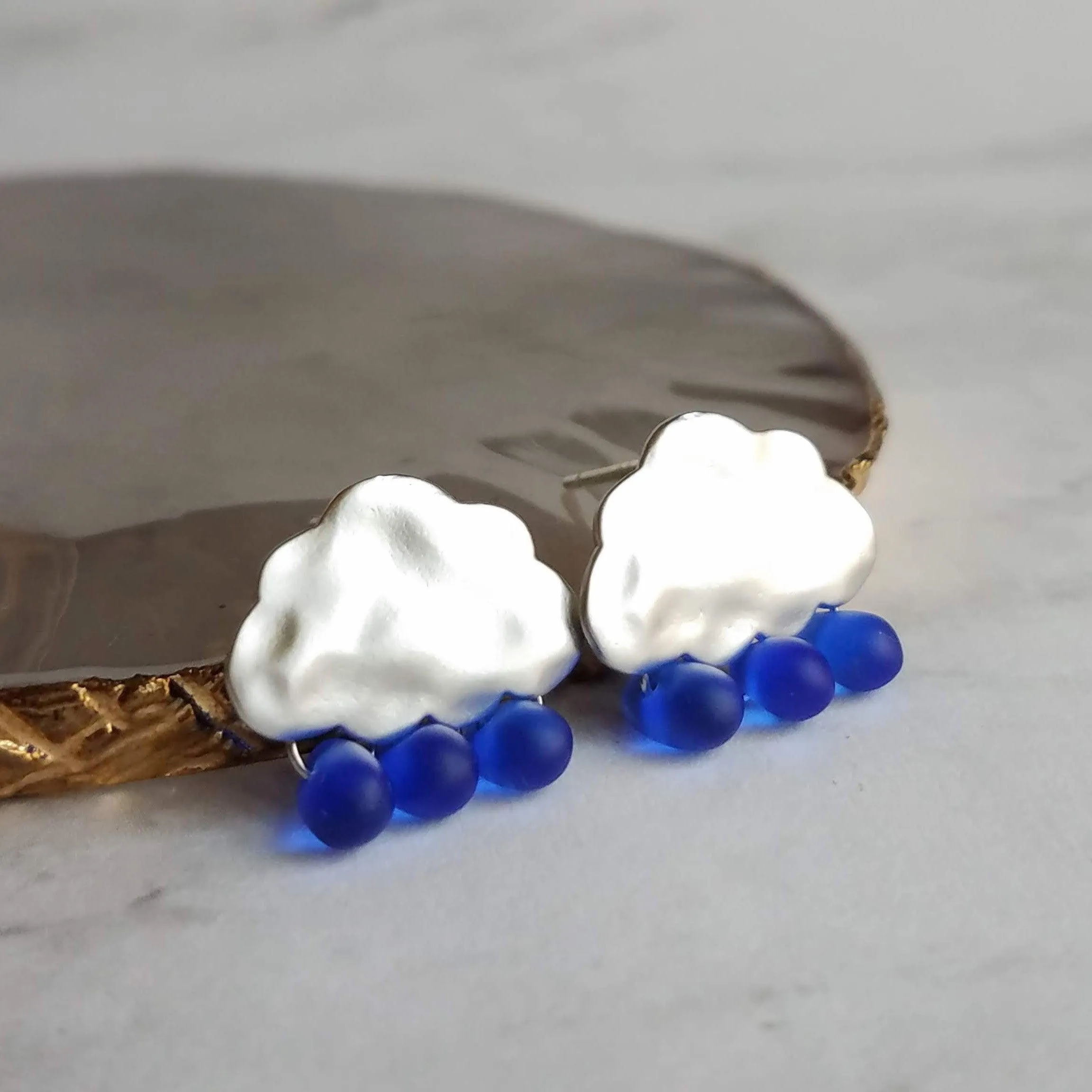 Rain Cloud Earrings - silver cloud earring, blue raindrop, sterling silver post, raindrop earring, storm earring, tiny cobalt blue raindrop