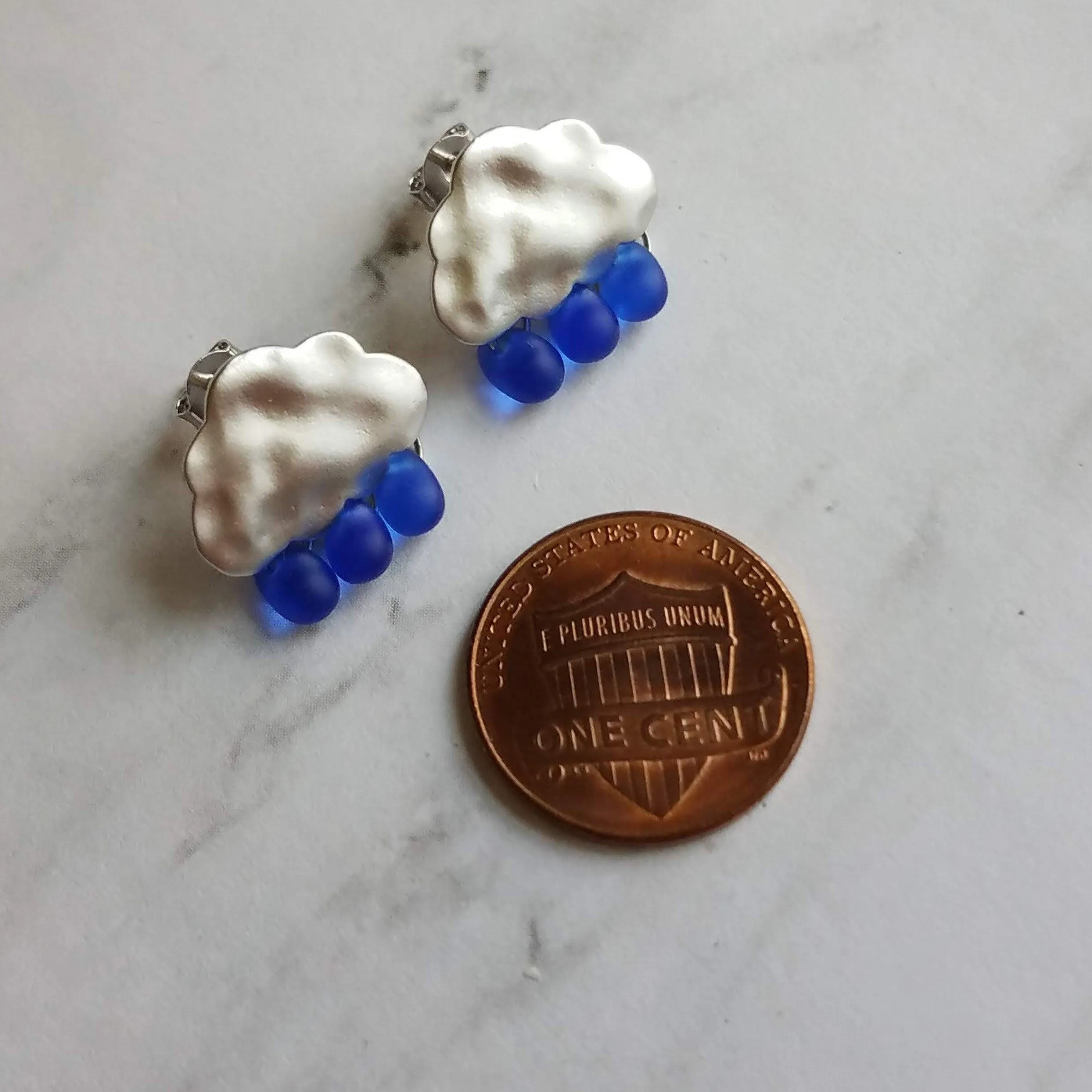 Rain Cloud Earrings - silver cloud earring, blue raindrop, sterling silver post, raindrop earring, storm earring, tiny cobalt blue raindrop