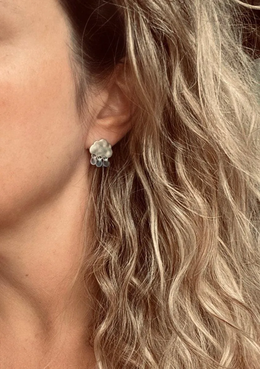 Rain Cloud Earrings - silver cloud earring, blue raindrop, sterling silver post, raindrop earring, storm earring, tiny cobalt blue raindrop