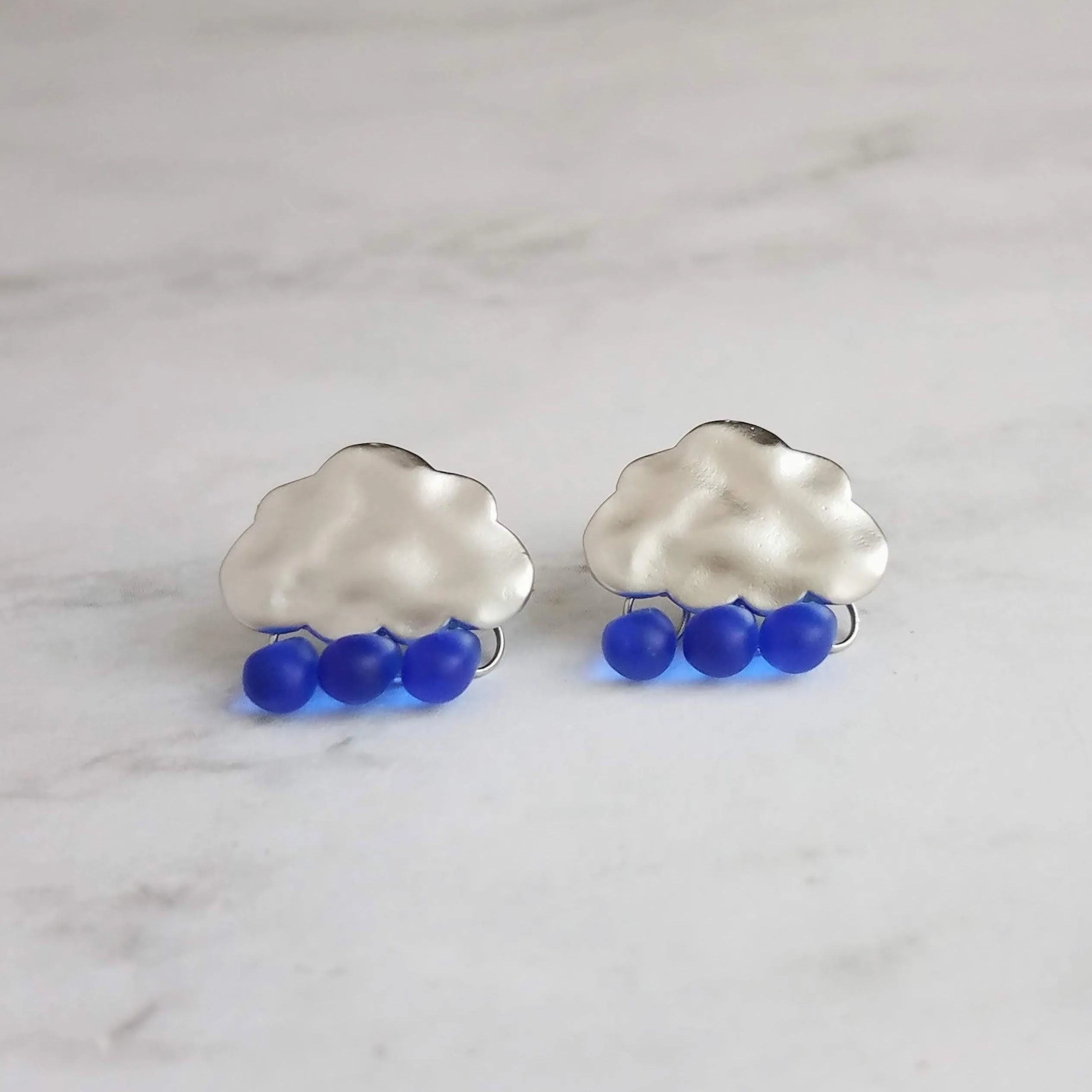 Rain Cloud Earrings - silver cloud earring, blue raindrop, sterling silver post, raindrop earring, storm earring, tiny cobalt blue raindrop