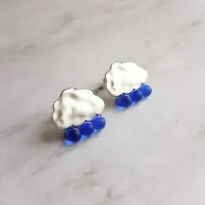 Rain Cloud Earrings - silver cloud earring, blue raindrop, sterling silver post, raindrop earring, storm earring, tiny cobalt blue raindrop