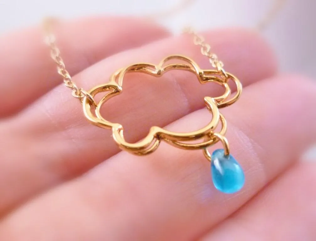 Raindrop Cloud Necklace, rain necklace, gold cloud, silver cloud necklace, electric blue drop, weather necklace, singing rain, storm pendant