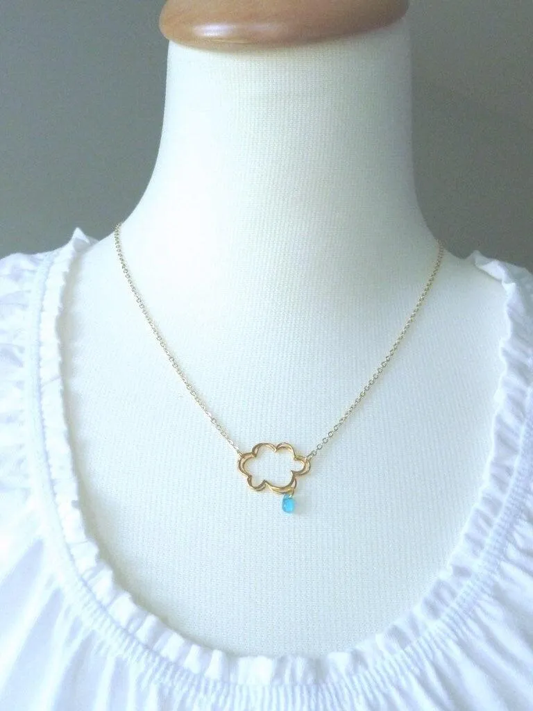 Raindrop Cloud Necklace, rain necklace, gold cloud, silver cloud necklace, electric blue drop, weather necklace, singing rain, storm pendant