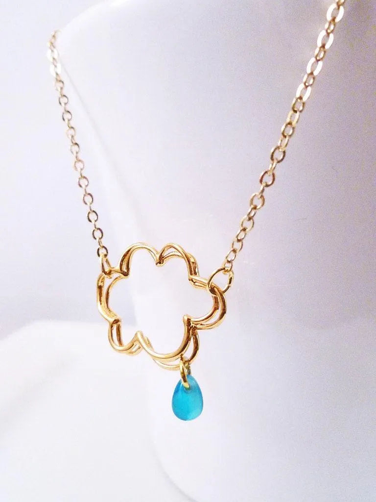 Raindrop Cloud Necklace, rain necklace, gold cloud, silver cloud necklace, electric blue drop, weather necklace, singing rain, storm pendant