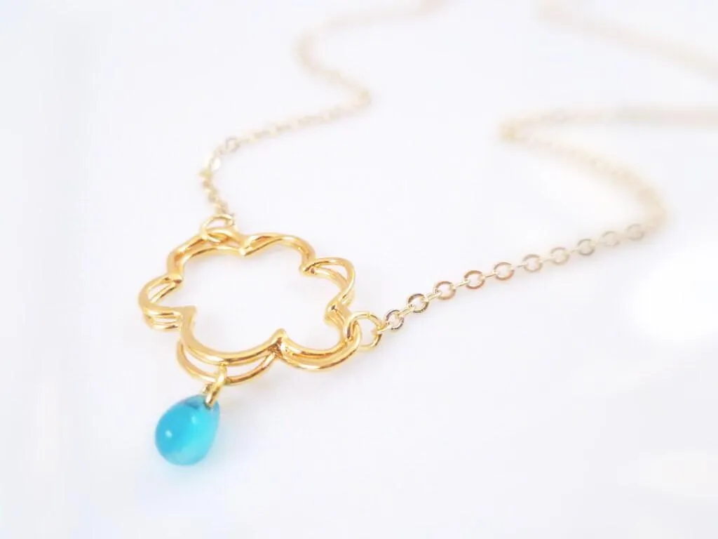 Raindrop Cloud Necklace, rain necklace, gold cloud, silver cloud necklace, electric blue drop, weather necklace, singing rain, storm pendant
