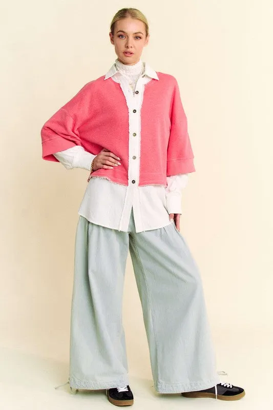 Red Faux Layered French Terry Contrast Top