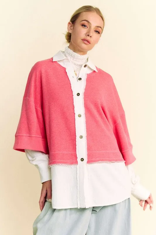 Red Faux Layered French Terry Contrast Top