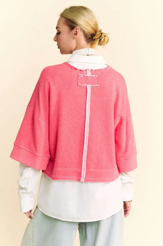Red Faux Layered French Terry Contrast Top