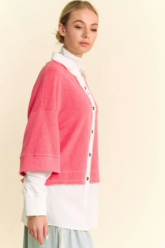 Red Faux Layered French Terry Contrast Top