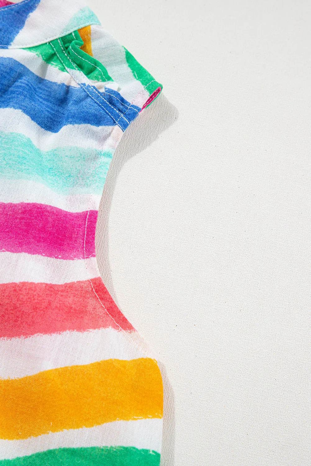 Rose Red Rainbow Stripes Ruffled Hem Drawstring V Neck Tank Top