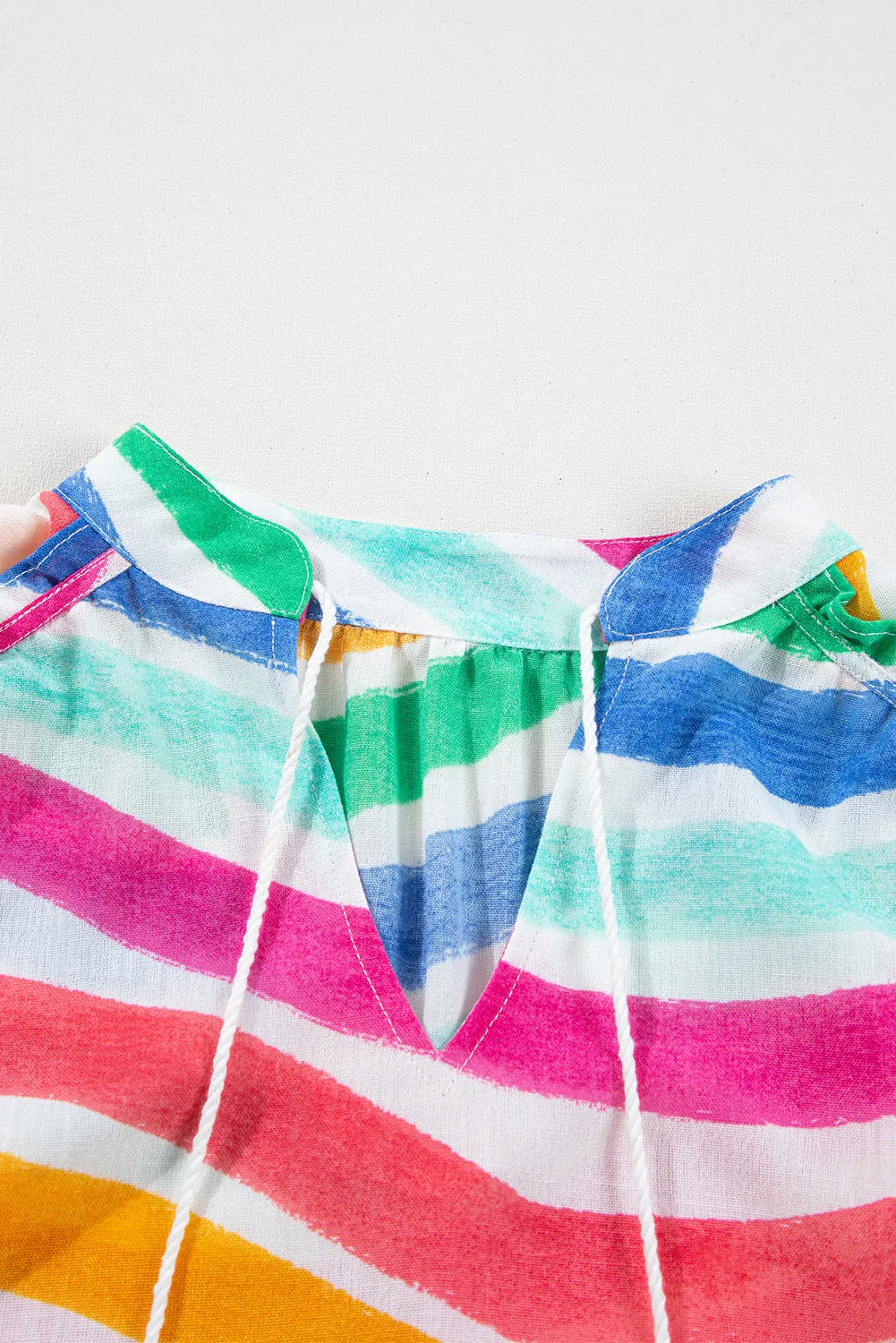 Rose Red Rainbow Stripes Ruffled Hem Drawstring V Neck Tank Top