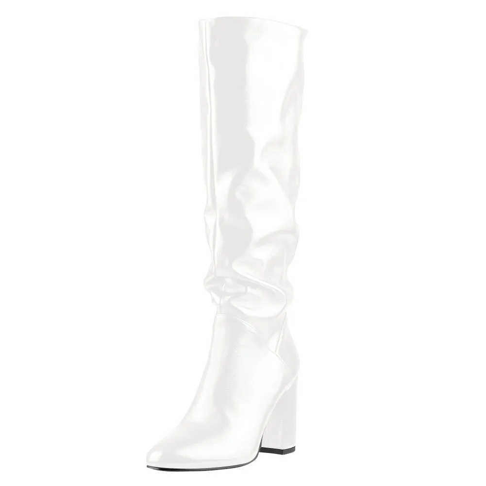 Round Toe Crinkle Knee High Chunky Heels Boots