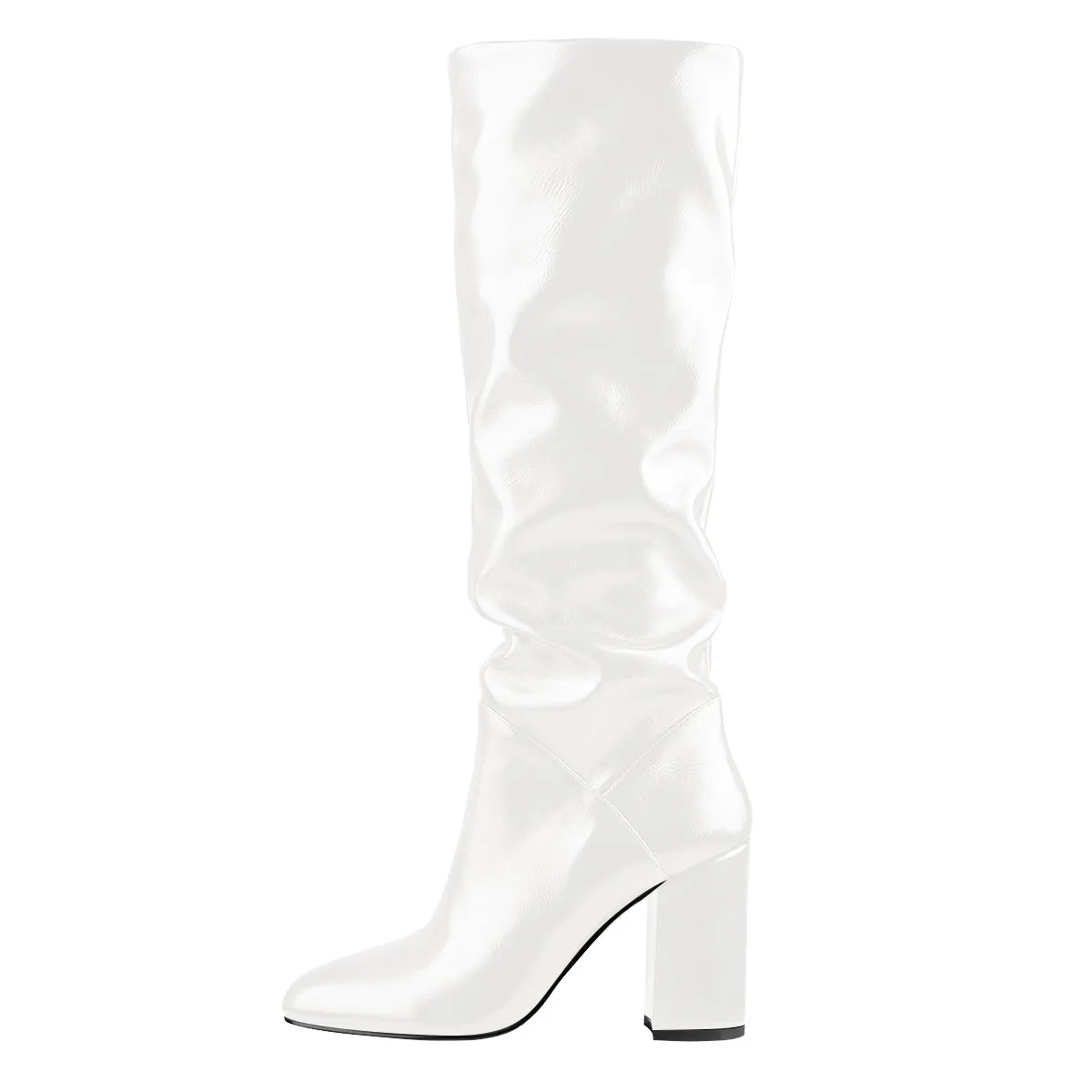 Round Toe Crinkle Knee High Chunky Heels Boots