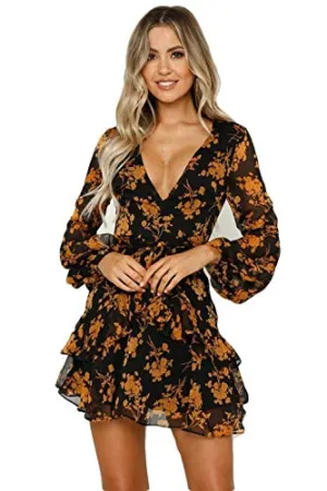 ROVLET Women's Sexy Floral Dress Long Sleeve V Neck Ruffle Boho A line Mini Dress Party Beach (Medium, Yellow)