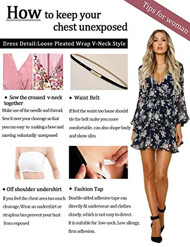 ROVLET Women's Sexy Floral Dress Long Sleeve V Neck Ruffle Boho A line Mini Dress Party Beach (Medium, Yellow)