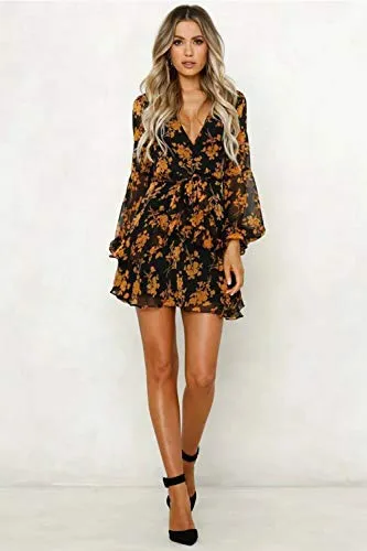 ROVLET Women's Sexy Floral Dress Long Sleeve V Neck Ruffle Boho A line Mini Dress Party Beach (Medium, Yellow)