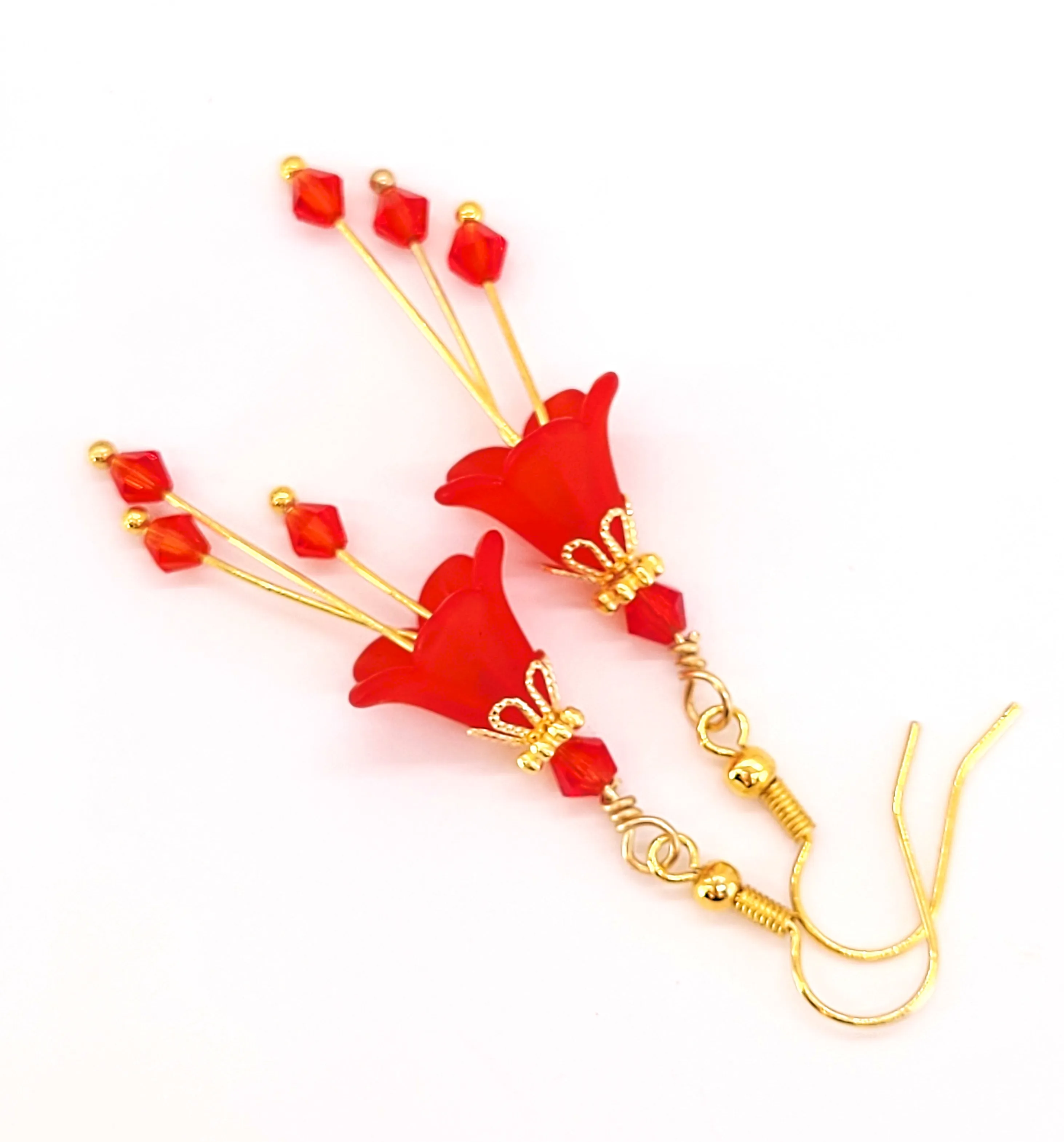 Ruby Siam Red Flower Bell Earrings