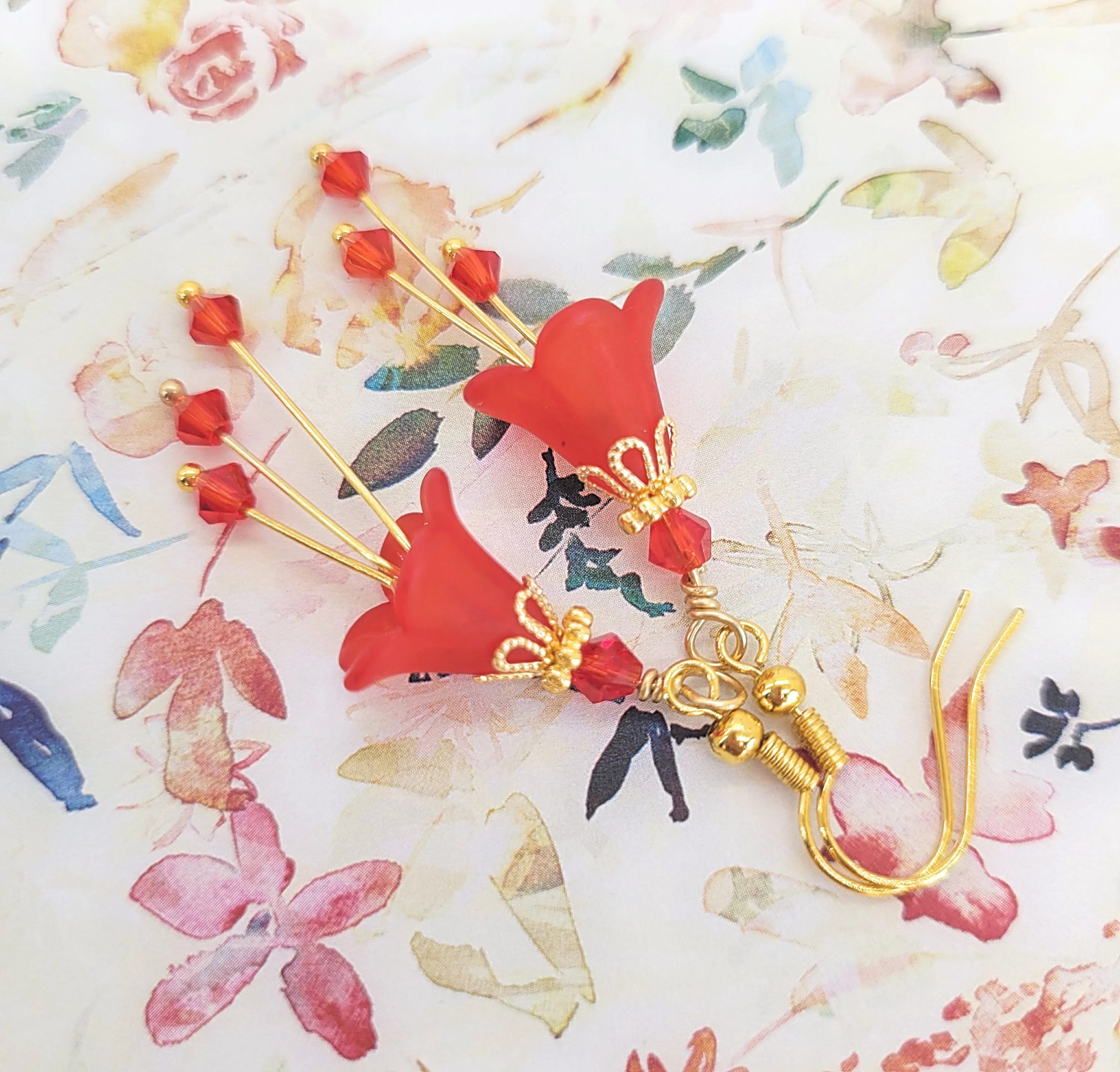 Ruby Siam Red Flower Bell Earrings