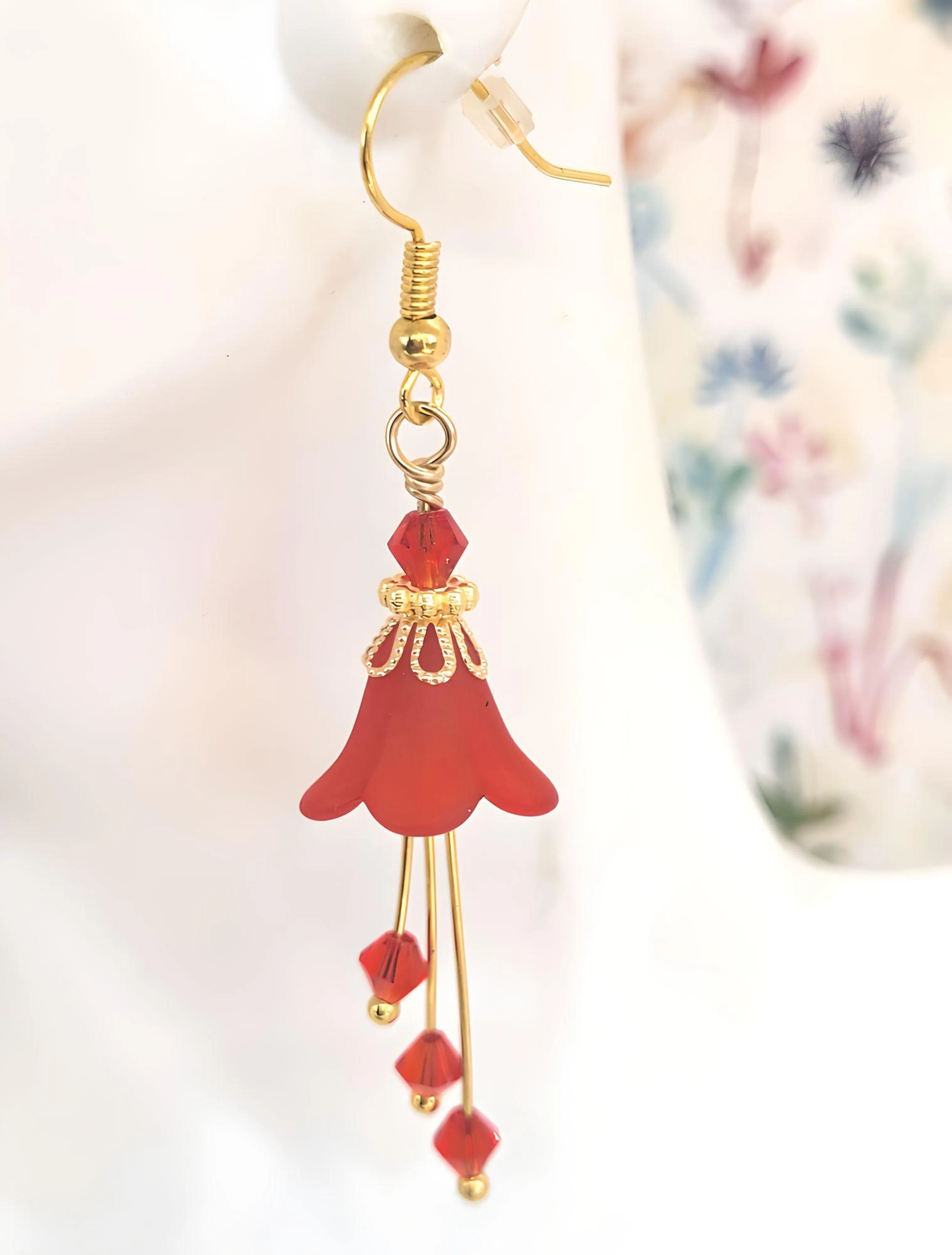 Ruby Siam Red Flower Bell Earrings