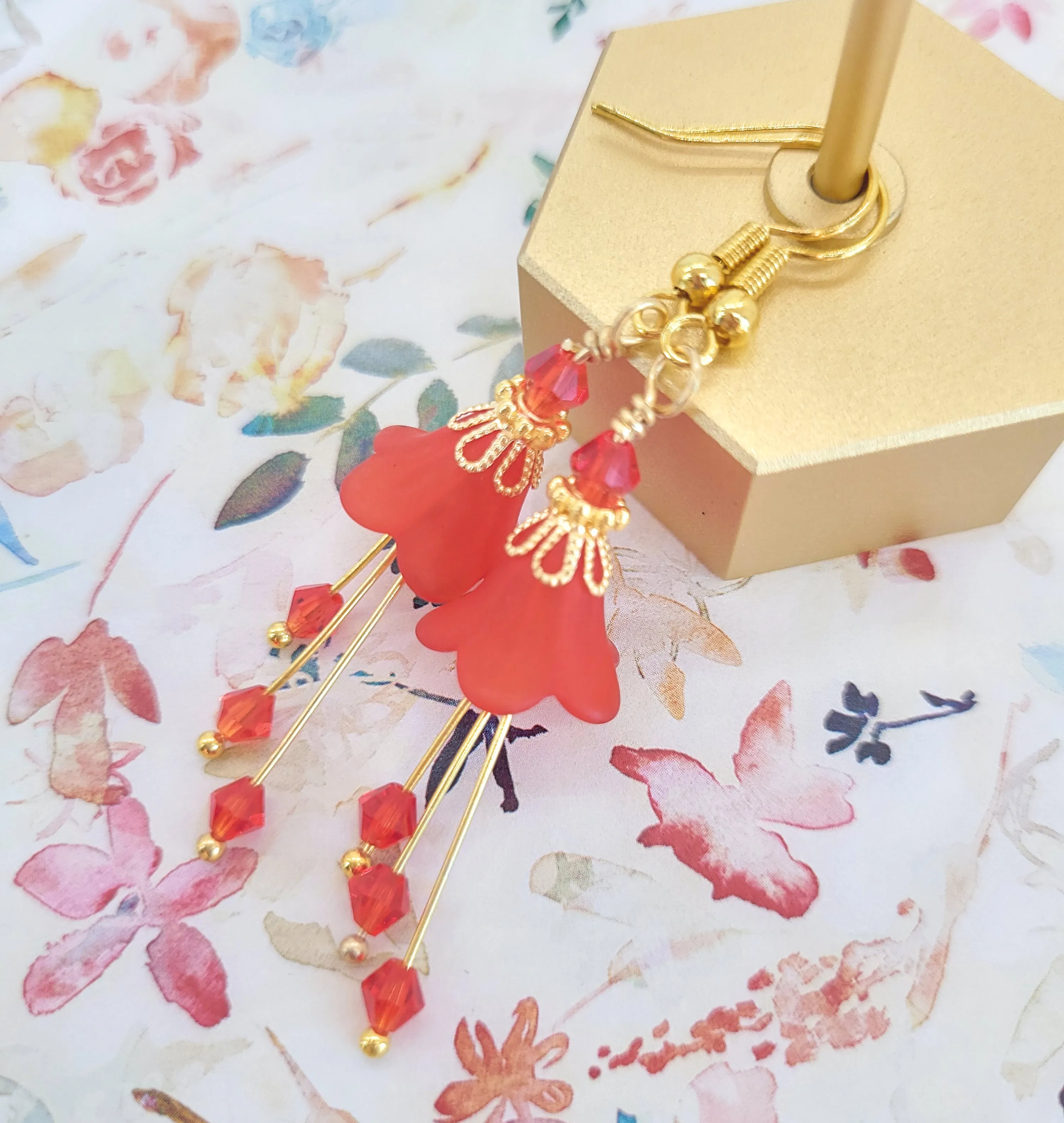 Ruby Siam Red Flower Bell Earrings