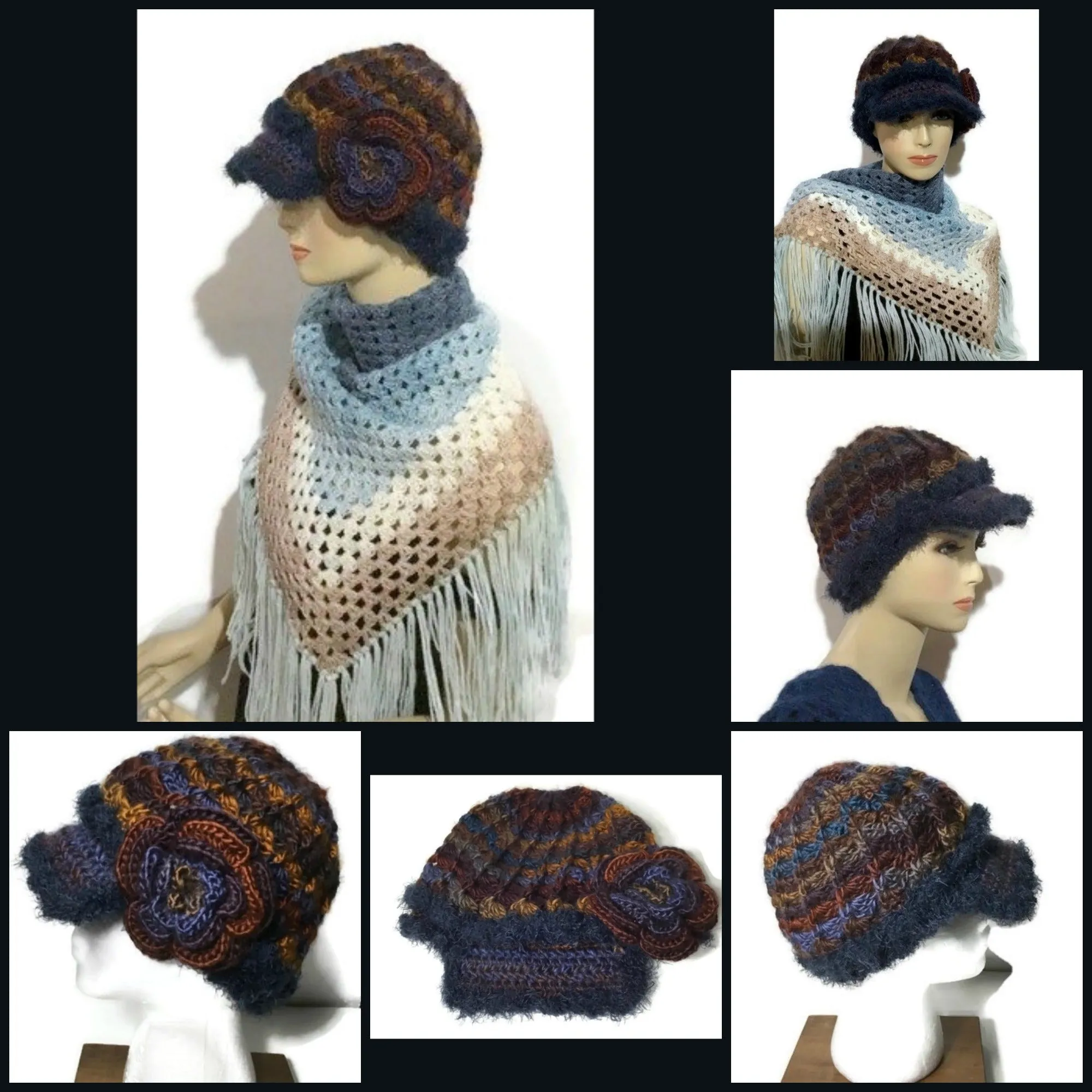 Rust gold, brown, purple, blue hat, THE BLUE ANDES CROCHET HAT, handmade beanie with visor brim, acrylic yarn, woman size, ready to ship