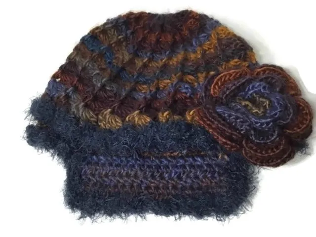 Rust gold, brown, purple, blue hat, THE BLUE ANDES CROCHET HAT, handmade beanie with visor brim, acrylic yarn, woman size, ready to ship
