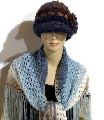 Rust gold, brown, purple, blue hat, THE BLUE ANDES CROCHET HAT, handmade beanie with visor brim, acrylic yarn, woman size, ready to ship