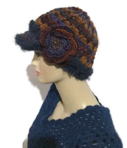Rust gold, brown, purple, blue hat, THE BLUE ANDES CROCHET HAT, handmade beanie with visor brim, acrylic yarn, woman size, ready to ship