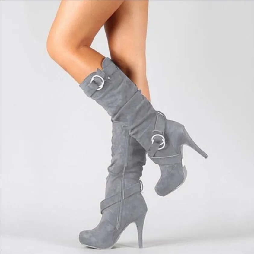 Sexy Thin High Heels Boots Women Buckle Zipper Pleated Mid Calf Boots