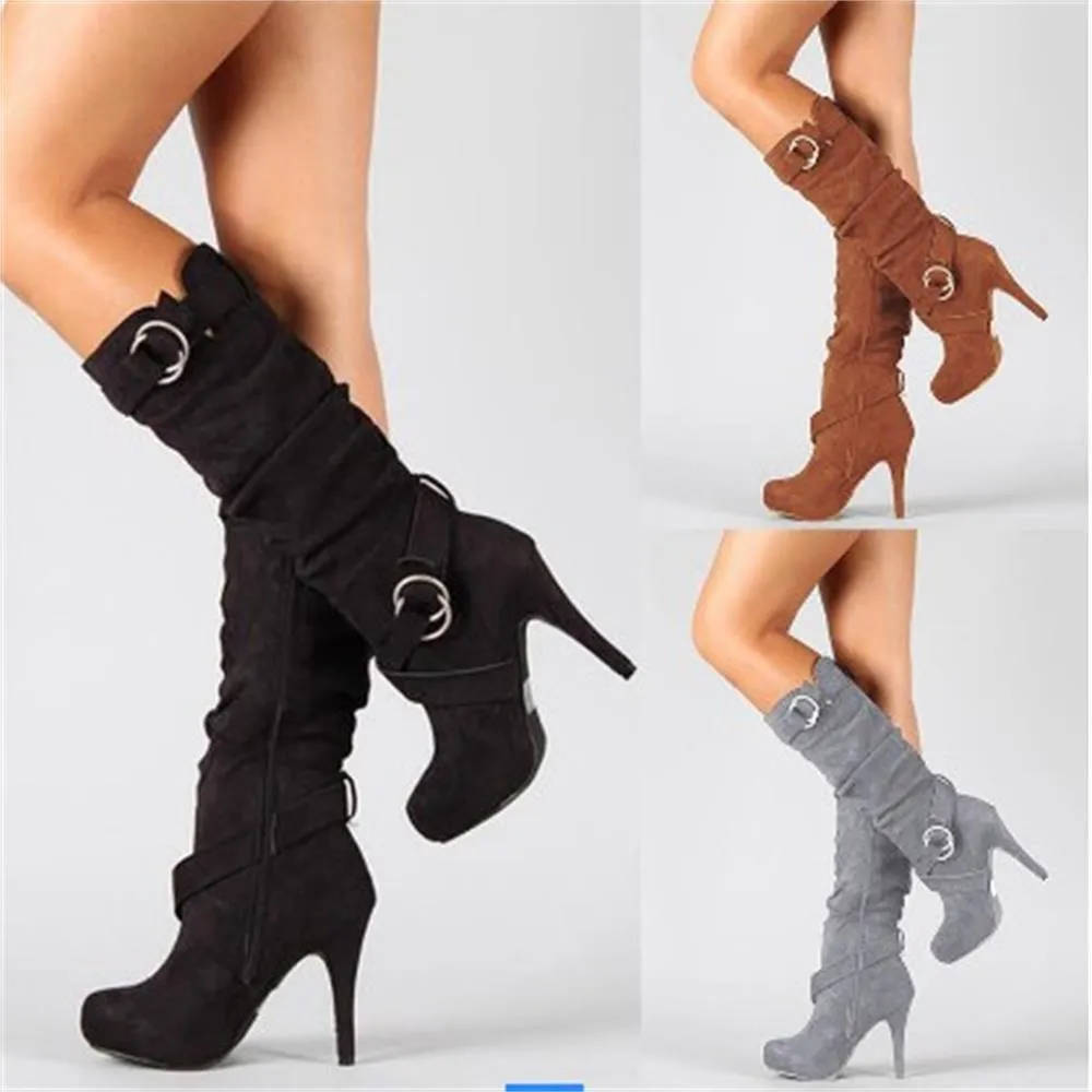 Sexy Thin High Heels Boots Women Buckle Zipper Pleated Mid Calf Boots
