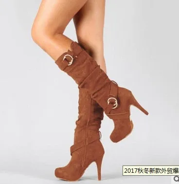 Sexy Thin High Heels Boots Women Buckle Zipper Pleated Mid Calf Boots