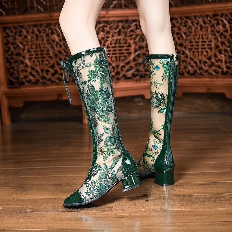 Summer Embroider Mesh Genuine Leather Women Knee-High Long Boots