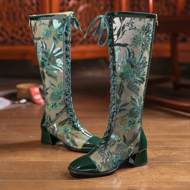 Summer Embroider Mesh Genuine Leather Women Knee-High Long Boots