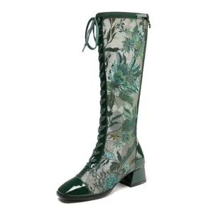 Summer Embroider Mesh Genuine Leather Women Knee-High Long Boots
