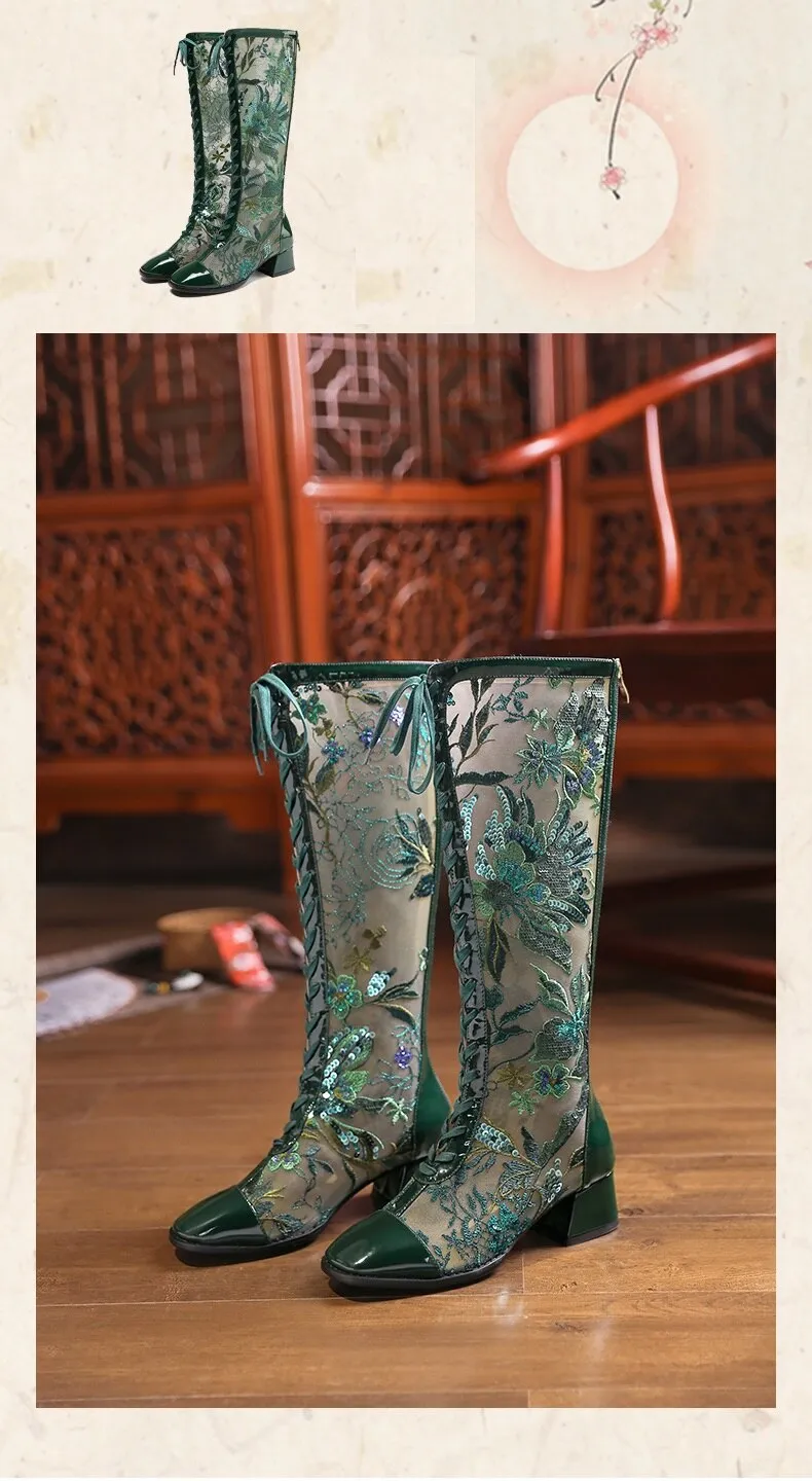 Summer Embroider Mesh Genuine Leather Women Knee-High Long Boots