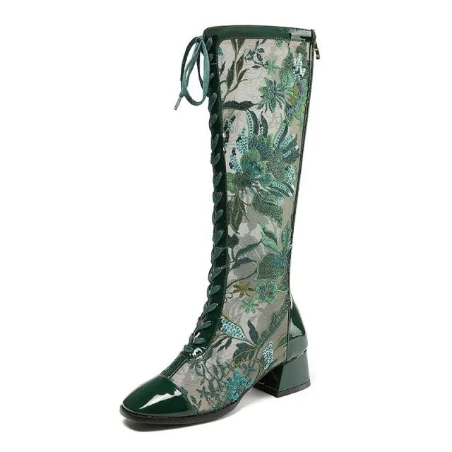 Summer Embroider Mesh Genuine Leather Women Knee-High Long Boots