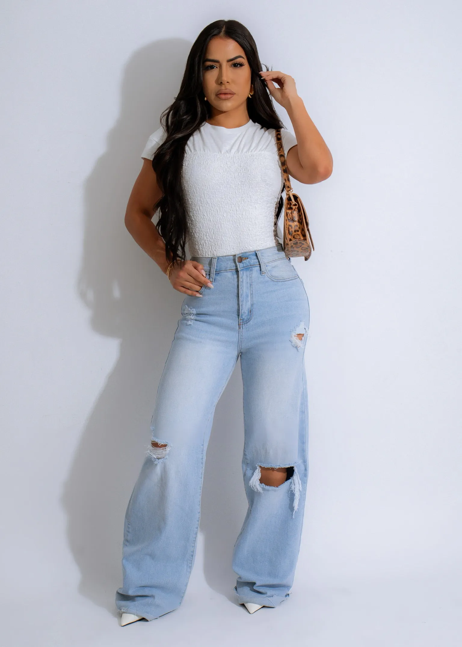 Textured Cascade Tee Crop Top White